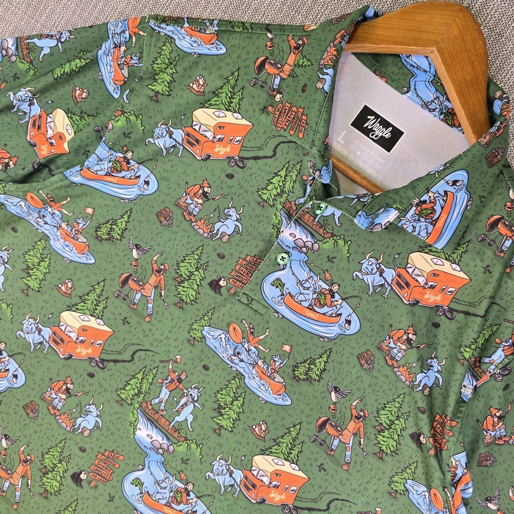 Waggle Turman Paul Bunyan Golf Polo Shirt L Green Blue Ox Performance Funky